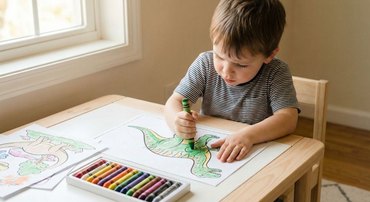 A young child sitting at a colorful desk, deeply focused on coloring a simple animal drawing with a bright green crayon.