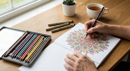 A collection of professional colored pencils, fine-liners, and an open, intricate geometric coloring book on a clean wooden desk.