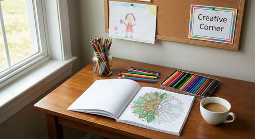 An organized creative station with a variety of colored pencils, a designated "coloring corner" in a classroom, and a home study area with a half-finished mandala.