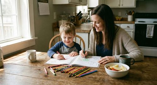 A parent and a young child sitting side-by-side at a sunlit kitchen table, both engaged in coloring their own pages, sharing a smile and a peaceful moment.