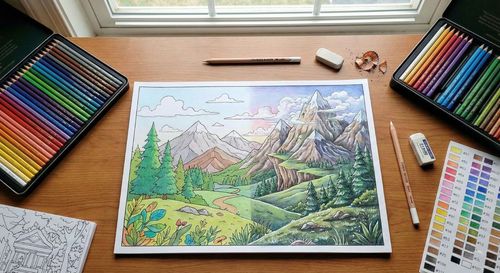 A top-down view of an artist's workspace showing a variety of colored pencils, blenders, and a half-finished intricate landscape coloring page.