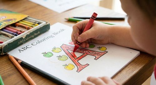 A close-up of a child's hand with a red crayon coloring a large letter 'A' on a page filled with apple illustrations.