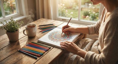 A person calmly coloring an intricate floral mandala pattern with professional colored pencils on a clean wooden desk.